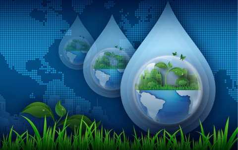 Blue graphic showing a digital global map, green grass, and a water drop