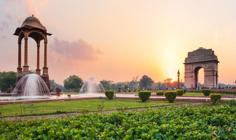 The Canopy and the India Gate at sunset in New Delhi, view from the National War Memorial.