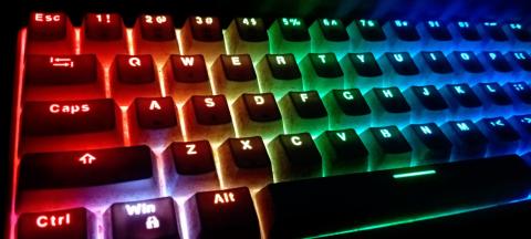 A keyboard backlit with a rainbow spectrum of LEDs.